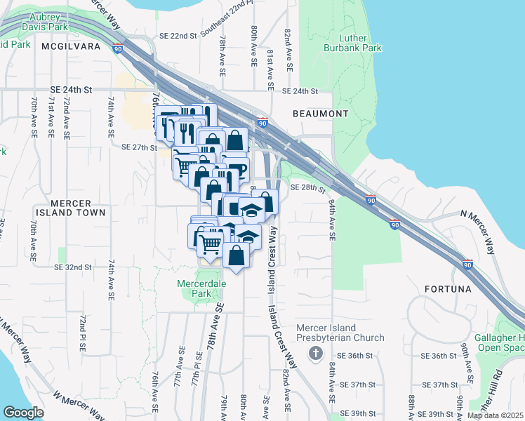 map of restaurants, bars, coffee shops, grocery stores, and more near 929 82nd Avenue Southeast in Mercer Island