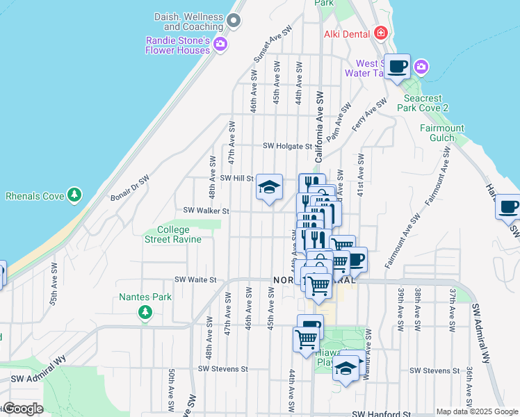 map of restaurants, bars, coffee shops, grocery stores, and more near 2129 45th Avenue Southwest in Seattle