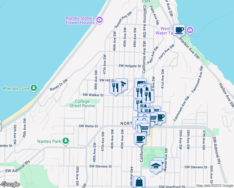 map of restaurants, bars, coffee shops, grocery stores, and more near 2129 45th Avenue Southwest in Seattle