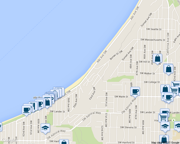 map of restaurants, bars, coffee shops, grocery stores, and more near 2222 Alki Avenue Southwest in Seattle