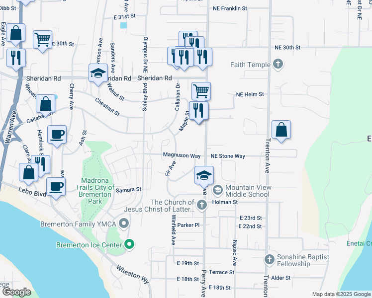 map of restaurants, bars, coffee shops, grocery stores, and more near 2604 Fir Avenue in Bremerton