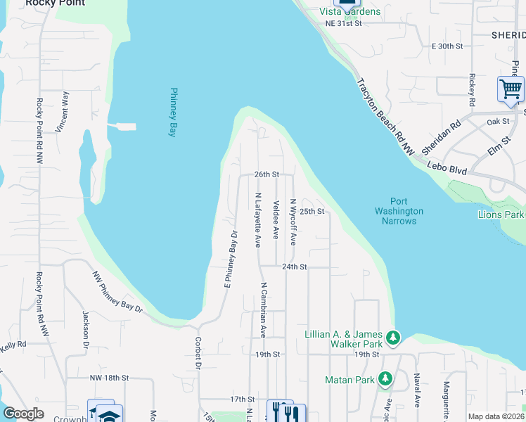 map of restaurants, bars, coffee shops, grocery stores, and more near 2502 North Lafayette Avenue in Bremerton