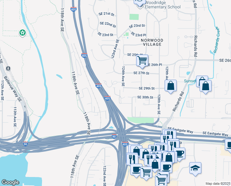 map of restaurants, bars, coffee shops, grocery stores, and more near 12112 Southeast 31st Street in Bellevue