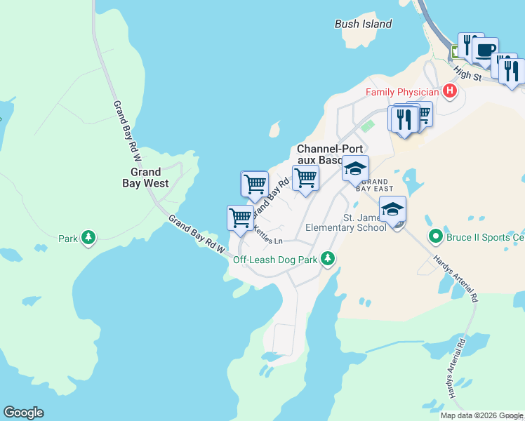 map of restaurants, bars, coffee shops, grocery stores, and more near 105 Grand Bay Road in Channel-Port aux Basques