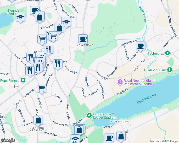 map of restaurants, bars, coffee shops, grocery stores, and more near 52 Pleasantville Avenue in St. John's