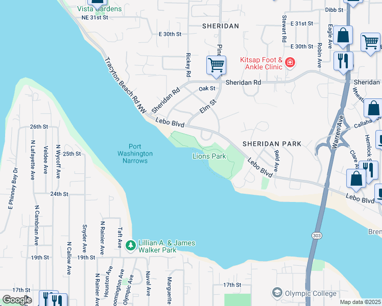 map of restaurants, bars, coffee shops, grocery stores, and more near 251 Lebo Boulevard in Bremerton