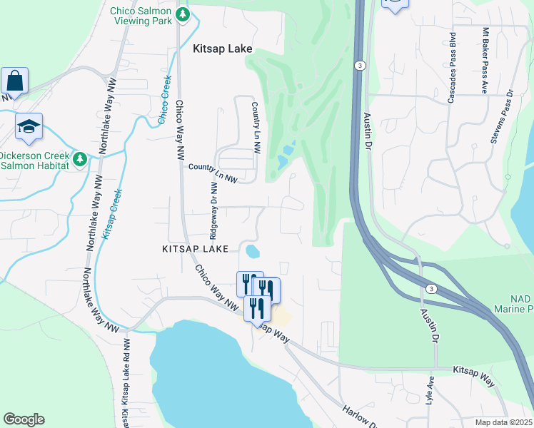 map of restaurants, bars, coffee shops, grocery stores, and more near 4031 Ridgeway Place in Bremerton