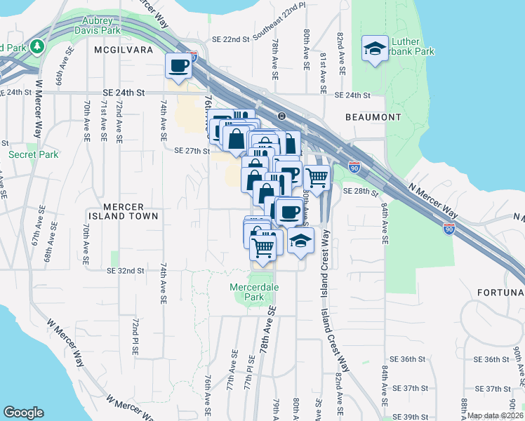map of restaurants, bars, coffee shops, grocery stores, and more near 2864 77th Avenue Southeast in Mercer Island