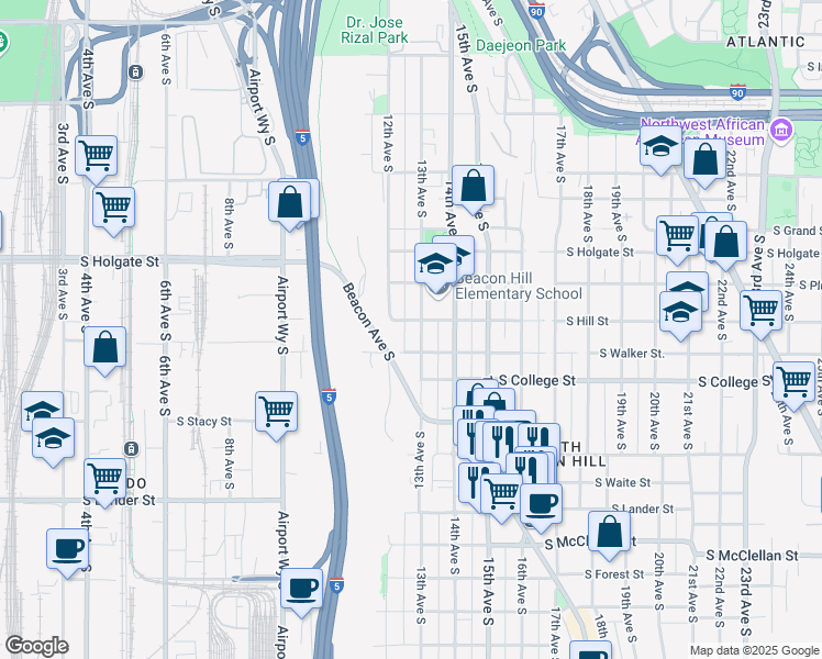 map of restaurants, bars, coffee shops, grocery stores, and more near 1301 South Hill Street in Seattle