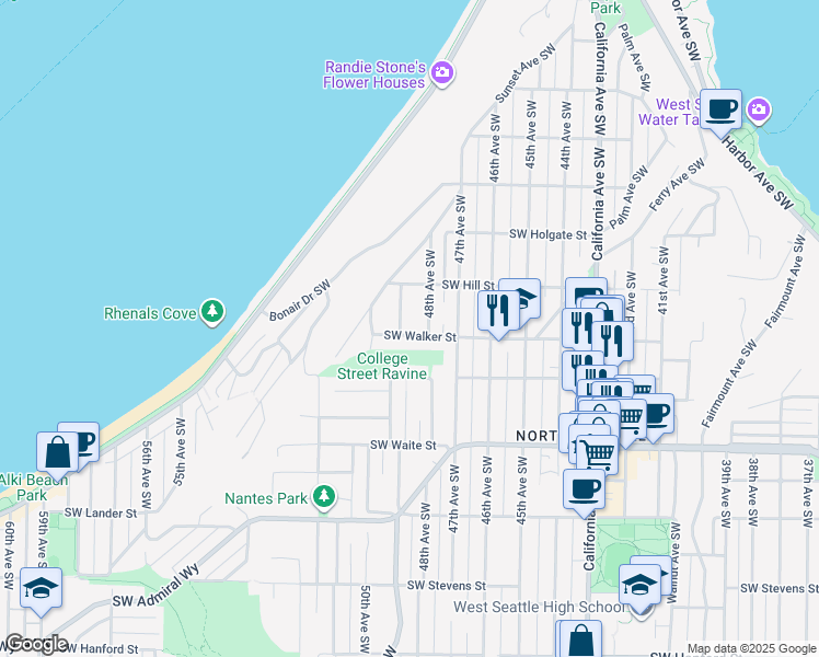 map of restaurants, bars, coffee shops, grocery stores, and more near 2130 49th Avenue Southwest in Seattle