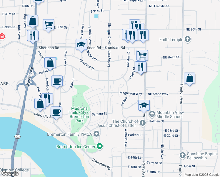 map of restaurants, bars, coffee shops, grocery stores, and more near 2527 Schley Boulevard in Bremerton