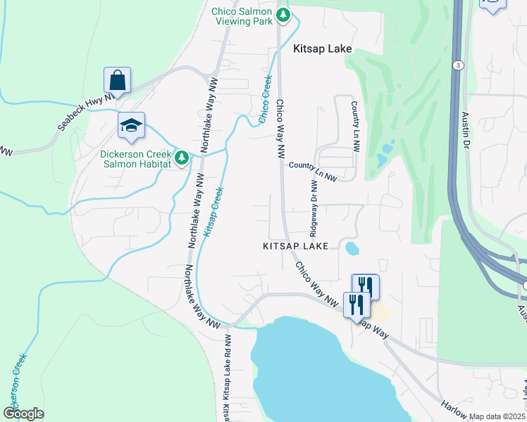 map of restaurants, bars, coffee shops, grocery stores, and more near 2325 Hilltop Lane Northwest in Bremerton