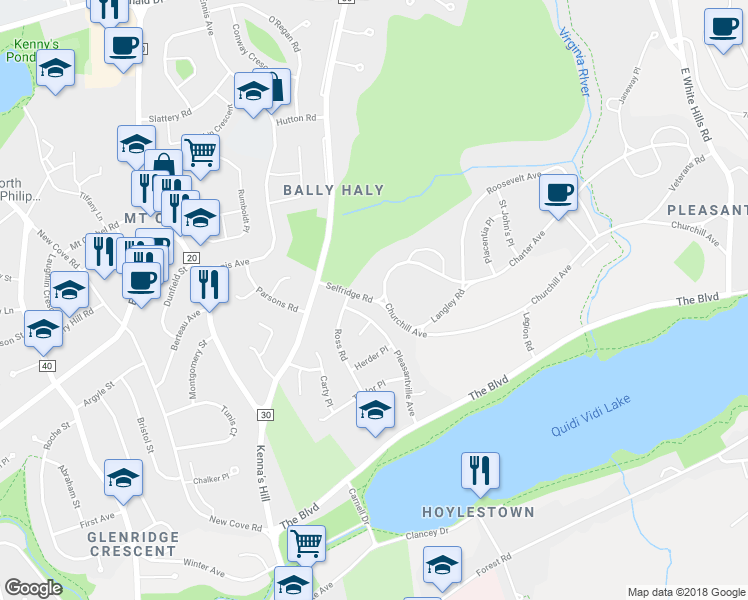 map of restaurants, bars, coffee shops, grocery stores, and more near 10 Selfridge Road in Saint John's