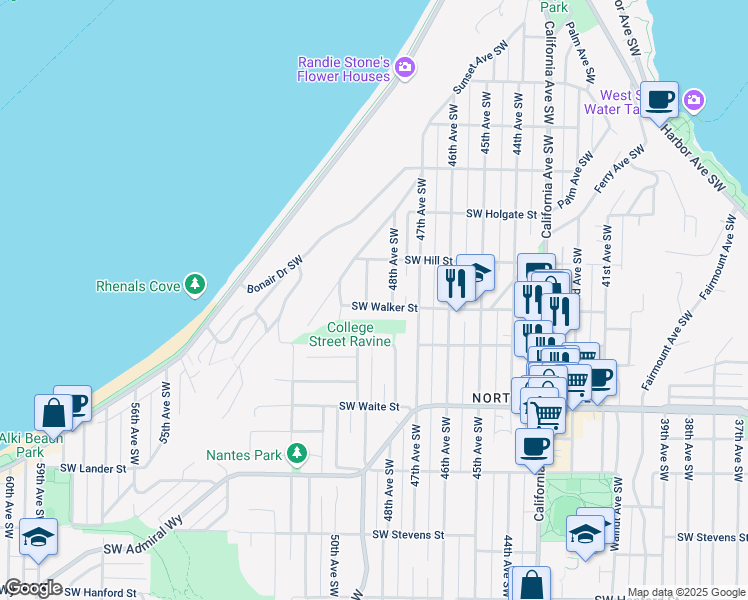 map of restaurants, bars, coffee shops, grocery stores, and more near 2130 49th Avenue Southwest in Seattle