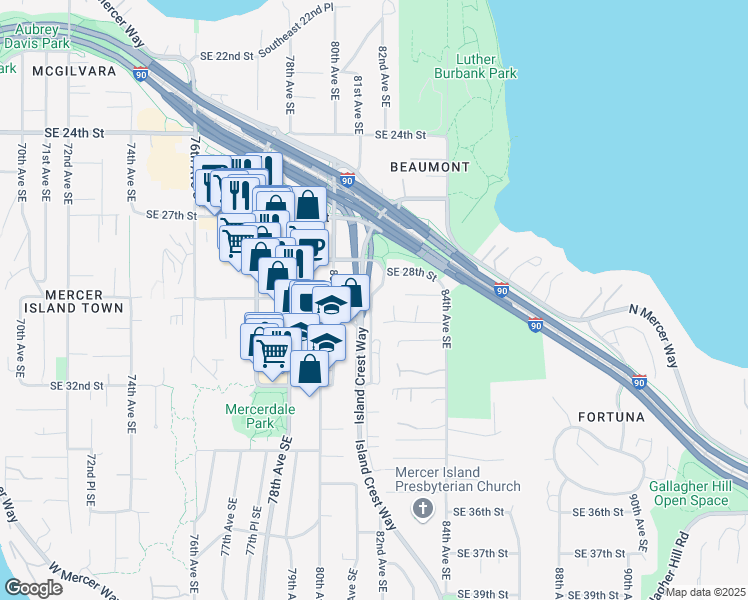 map of restaurants, bars, coffee shops, grocery stores, and more near 929 82nd Avenue Southeast in Mercer Island