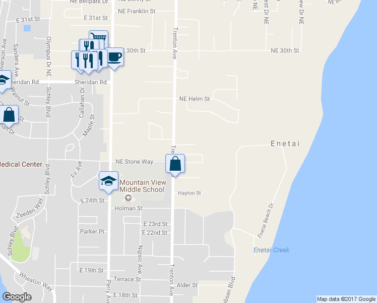 map of restaurants, bars, coffee shops, grocery stores, and more near 2822 Northeast Center Street in Bremerton