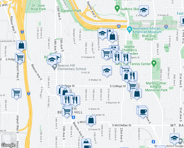 map of restaurants, bars, coffee shops, grocery stores, and more near 2101 19th Avenue South in Seattle