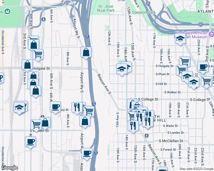 map of restaurants, bars, coffee shops, grocery stores, and more near 2110 Beacon Avenue South in Seattle