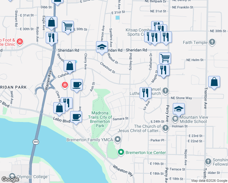 map of restaurants, bars, coffee shops, grocery stores, and more near 1048 Banyan Street in Bremerton