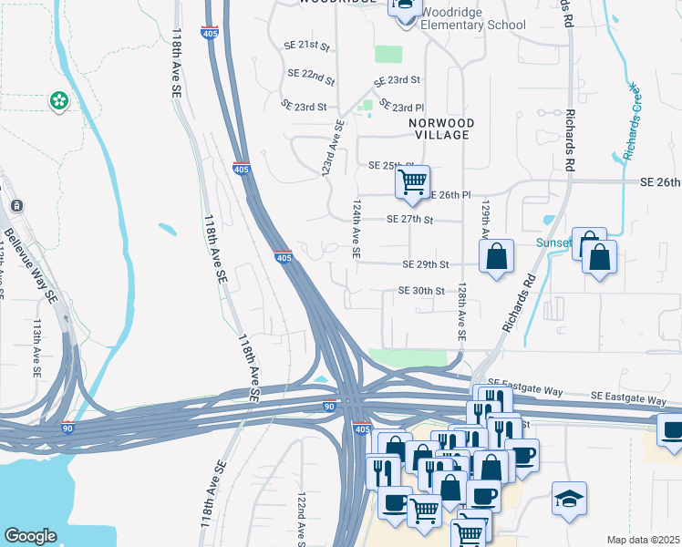 map of restaurants, bars, coffee shops, grocery stores, and more near 12106 Southeast 31st Street in Bellevue