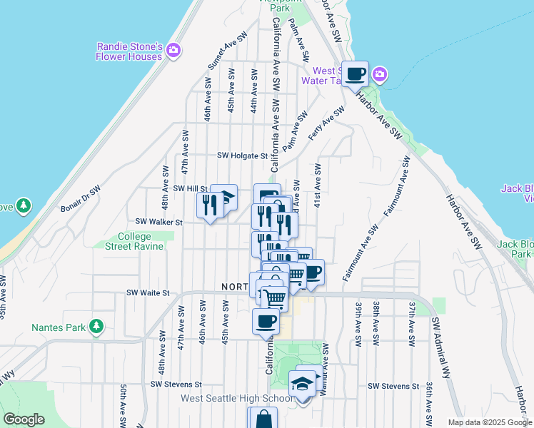 map of restaurants, bars, coffee shops, grocery stores, and more near 2125 California Avenue Southwest in Seattle