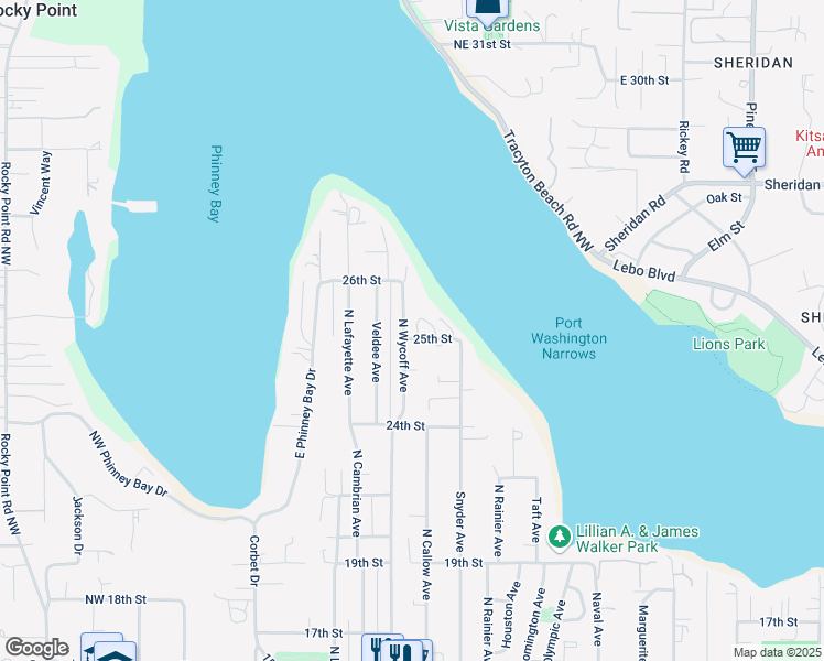 map of restaurants, bars, coffee shops, grocery stores, and more near 2556 Waterside Lane in Bremerton