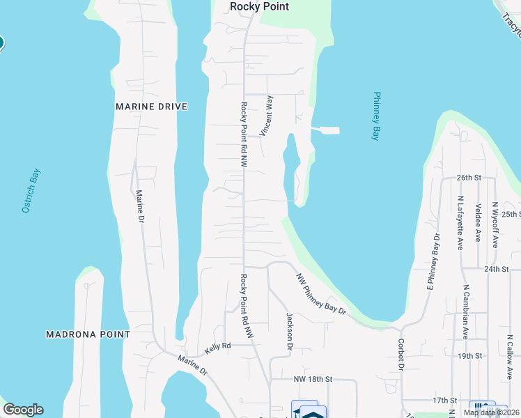 map of restaurants, bars, coffee shops, grocery stores, and more near 2490 Rocky Point Road Northwest in Bremerton