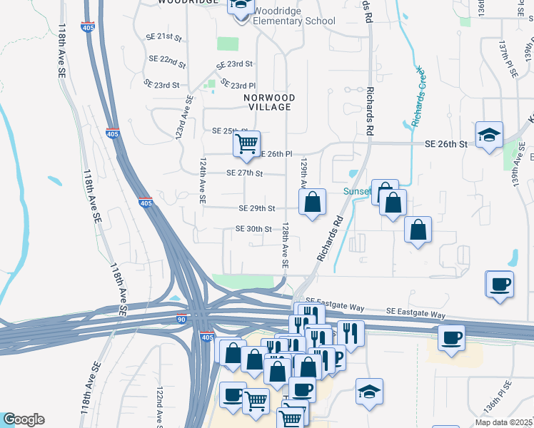 map of restaurants, bars, coffee shops, grocery stores, and more near 12629 Southeast 29th Street in Bellevue