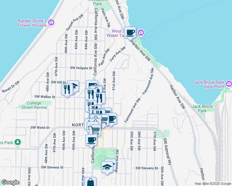 map of restaurants, bars, coffee shops, grocery stores, and more near 2126 41st Avenue Southwest in Seattle