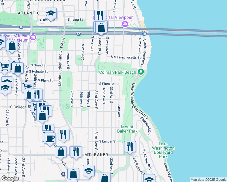 map of restaurants, bars, coffee shops, grocery stores, and more near 2020 33rd Avenue South in Seattle