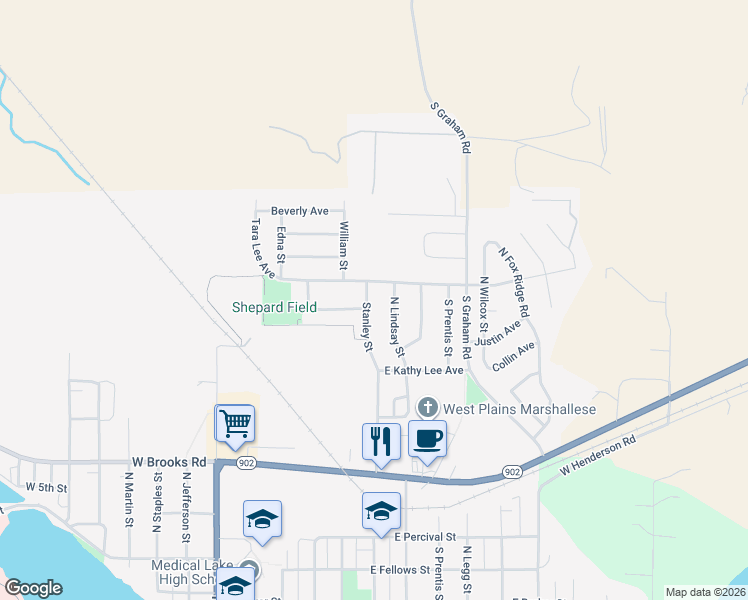map of restaurants, bars, coffee shops, grocery stores, and more near 1023 Stanley Street in Medical Lake
