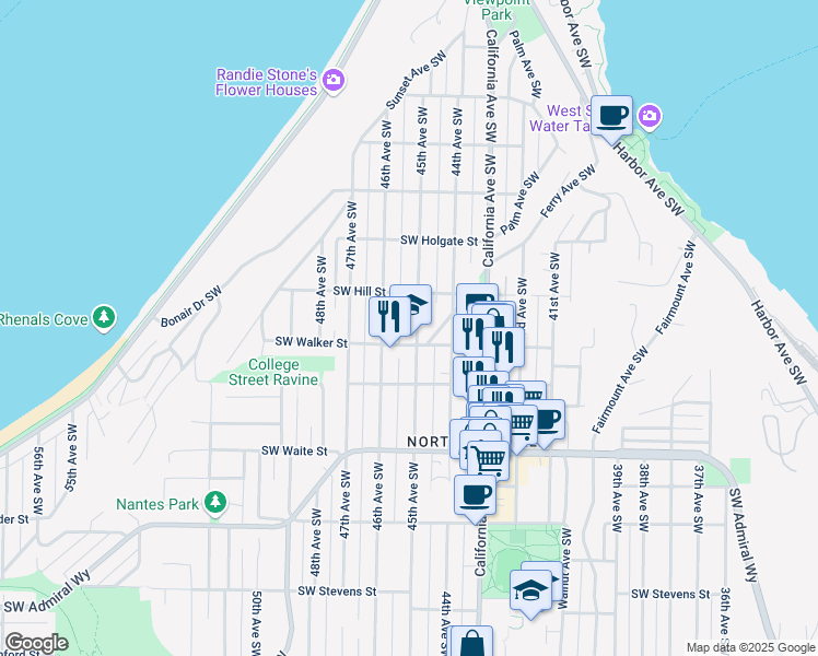 map of restaurants, bars, coffee shops, grocery stores, and more near 2129 45th Avenue Southwest in Seattle