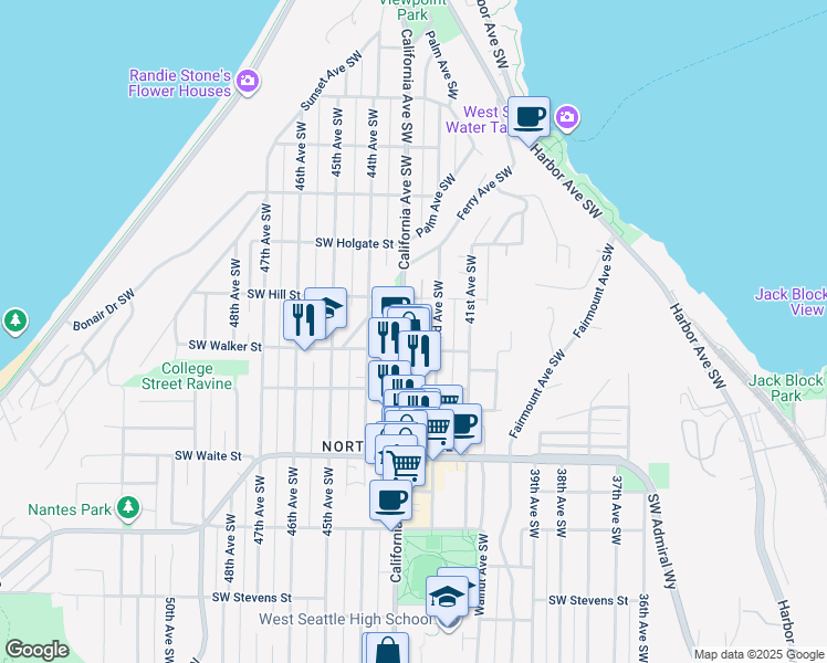 map of restaurants, bars, coffee shops, grocery stores, and more near 2125 California Avenue Southwest in Seattle