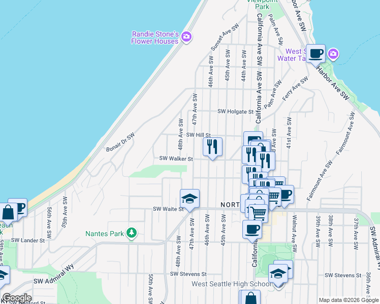 map of restaurants, bars, coffee shops, grocery stores, and more near 2130 48th Avenue Southwest in Seattle