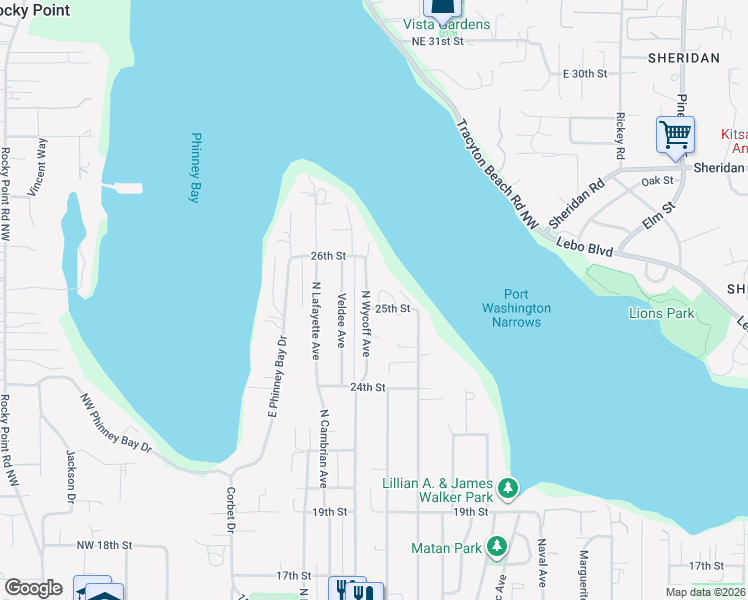 map of restaurants, bars, coffee shops, grocery stores, and more near 2556 Waterside Lane in Bremerton
