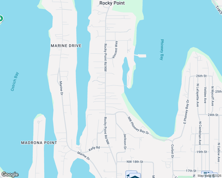 map of restaurants, bars, coffee shops, grocery stores, and more near 2490 Rocky Point Road Northwest in Bremerton