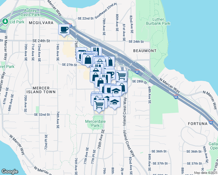 map of restaurants, bars, coffee shops, grocery stores, and more near 2836 78th Avenue Southeast in Mercer Island