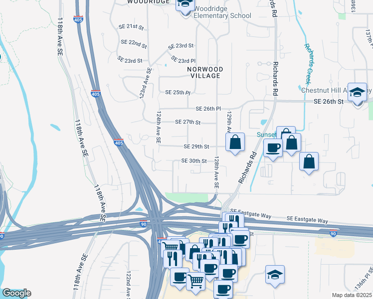 map of restaurants, bars, coffee shops, grocery stores, and more near 12461 Southeast 29th Street in Bellevue