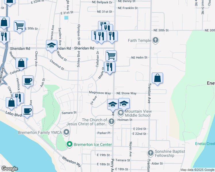 map of restaurants, bars, coffee shops, grocery stores, and more near 2200 Magnuson Way in Bremerton