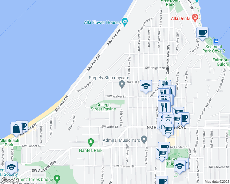 map of restaurants, bars, coffee shops, grocery stores, and more near 2130 49th Avenue Southwest in Seattle