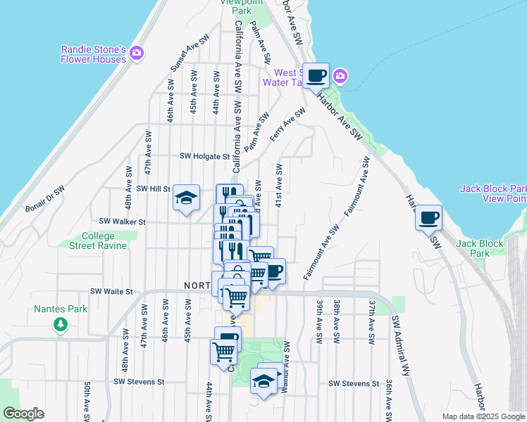 map of restaurants, bars, coffee shops, grocery stores, and more near 2124 42nd Avenue Southwest in Seattle