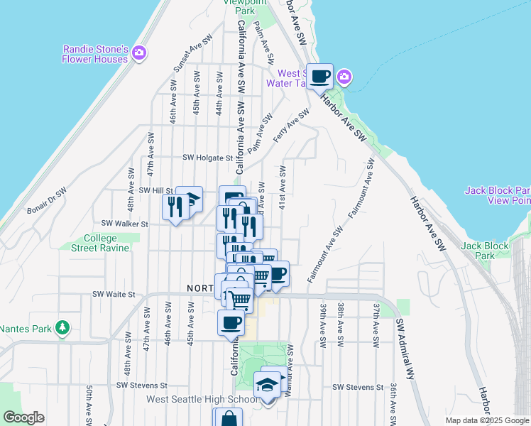 map of restaurants, bars, coffee shops, grocery stores, and more near 2124 42nd Avenue Southwest in Seattle