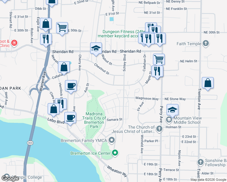 map of restaurants, bars, coffee shops, grocery stores, and more near 1048 Banyan Street in Bremerton