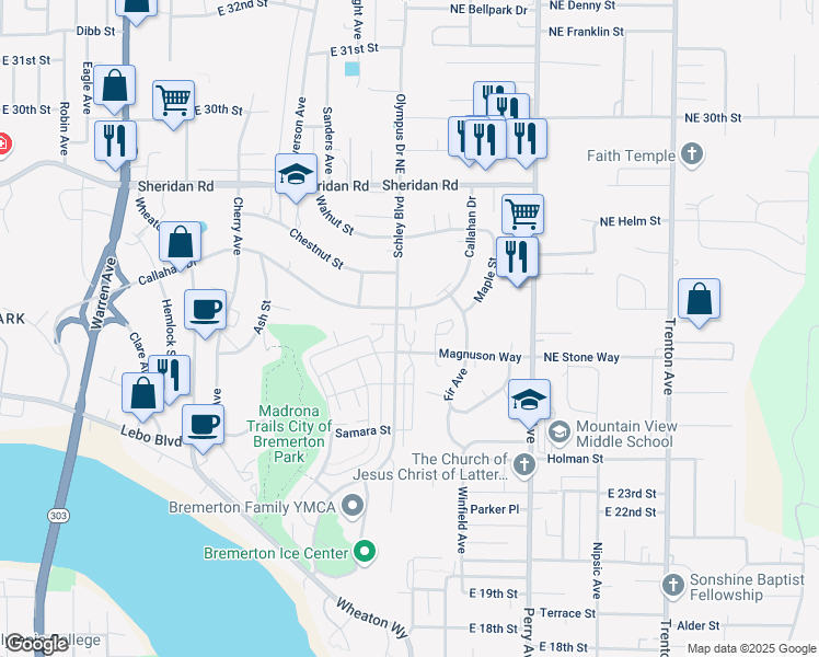 map of restaurants, bars, coffee shops, grocery stores, and more near 2595 Filbert Avenue in Bremerton