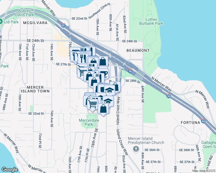 map of restaurants, bars, coffee shops, grocery stores, and more near 2827 80th Avenue Southeast in Mercer Island