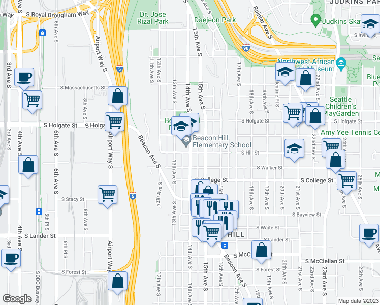 map of restaurants, bars, coffee shops, grocery stores, and more near 14th Ave S & S Hill St in Seattle