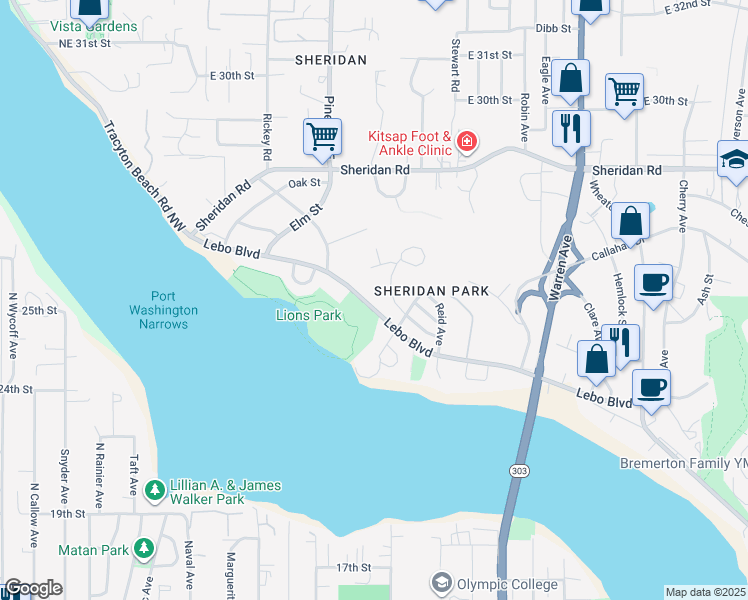 map of restaurants, bars, coffee shops, grocery stores, and more near 342 Lebo Boulevard in Bremerton
