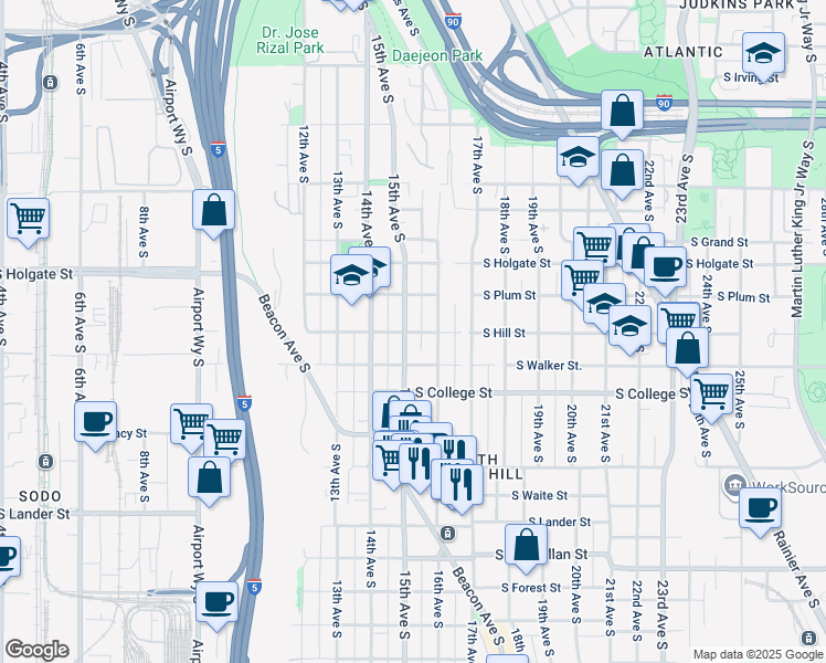 map of restaurants, bars, coffee shops, grocery stores, and more near 1506 South Hill Street in Seattle