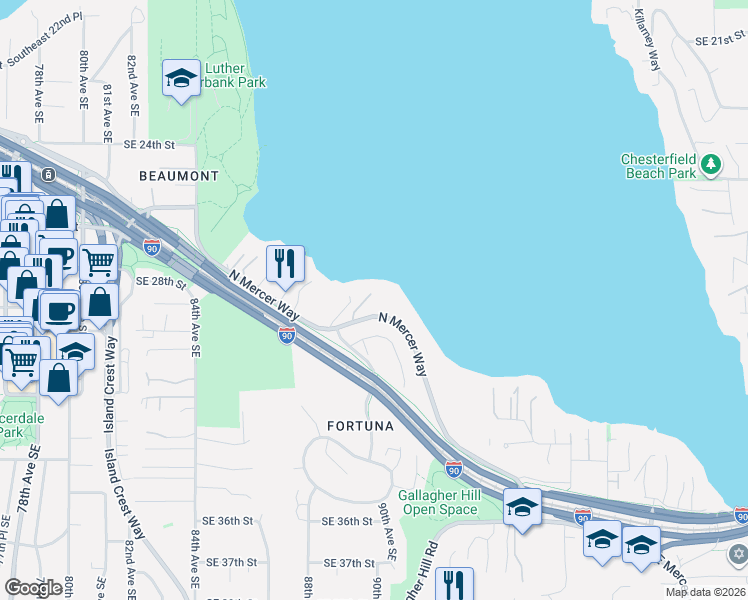 map of restaurants, bars, coffee shops, grocery stores, and more near 8902 North Mercer Way in Mercer Island
