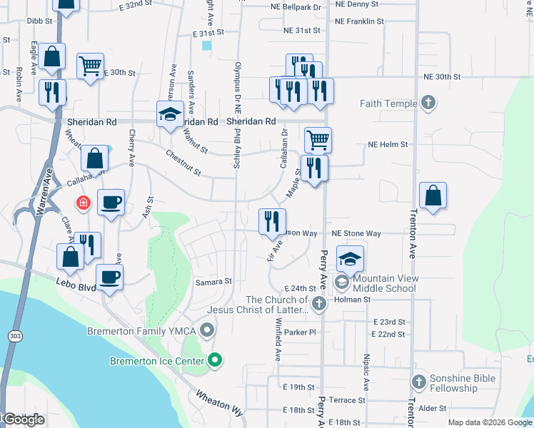map of restaurants, bars, coffee shops, grocery stores, and more near 2510 Magnuson Court in Bremerton